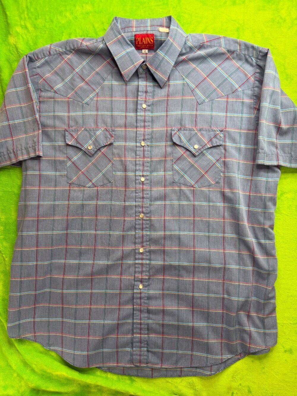Vintage Plains Western Wear XL Blue Plaid Short Sleeve Shirt